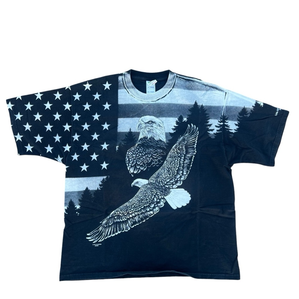 Vtg Y2K All Over Print Flag Bald Eagle Art Unlimited Graphic T-Shirt Black XXL